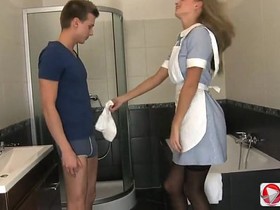 Horny young blonde nurse seduces her patient and let him fuck her ass